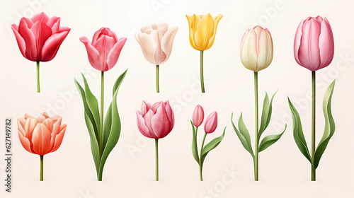 Set Tulip flowers white background
