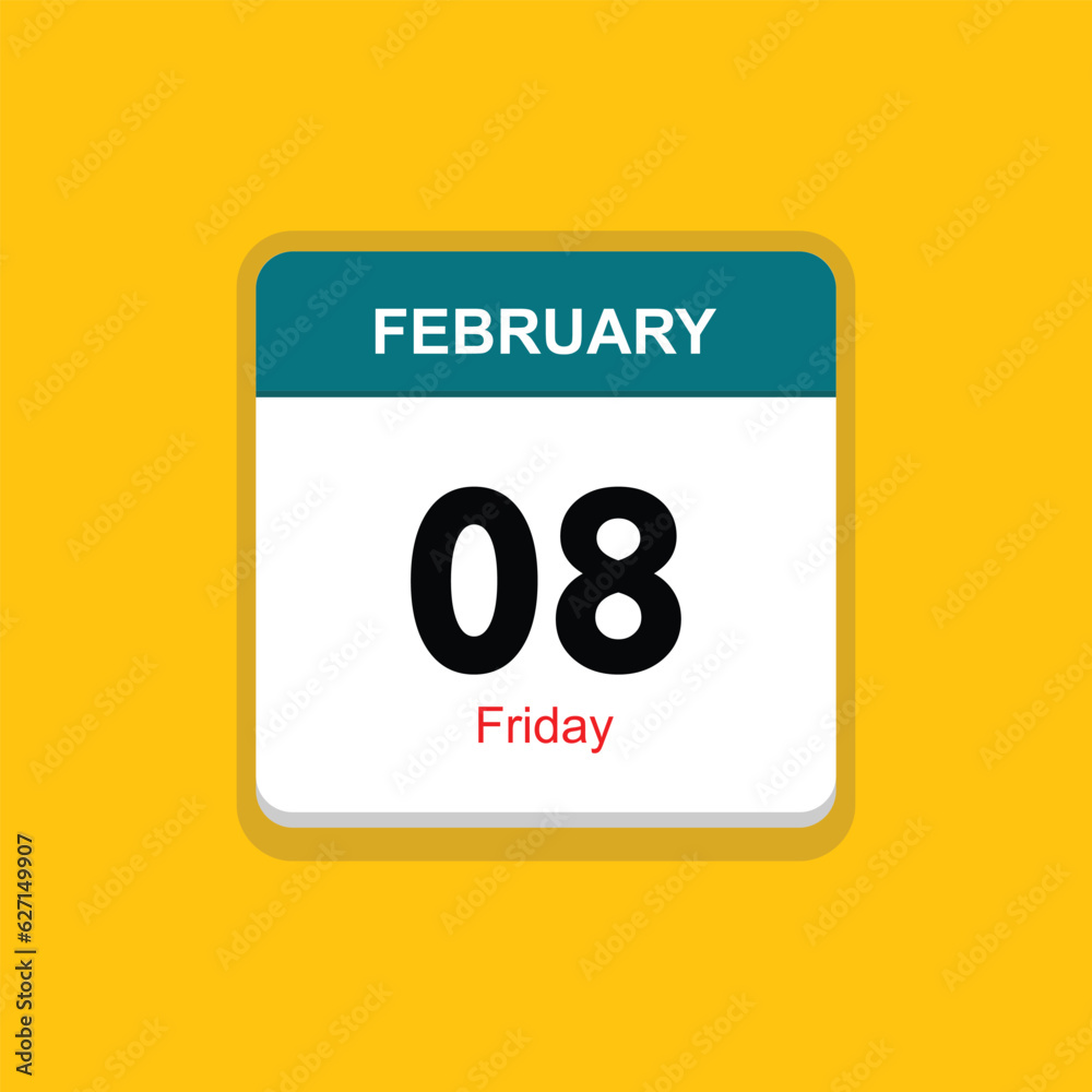 friday 08 february icon with yellow background, calender icon