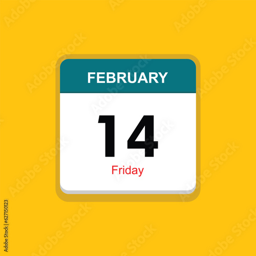 friday 14 february icon with yellow background, calender icon