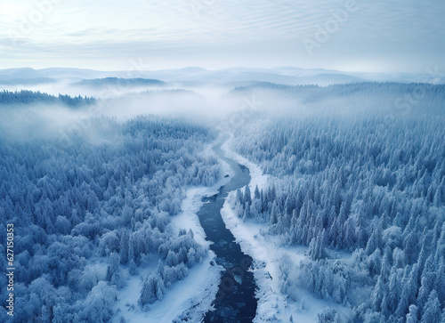 landscape with fog in the mountains in winter with fog and river