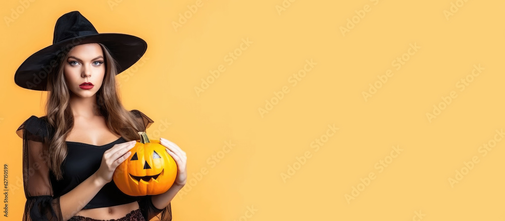 woman halloween witch holding pumpkin