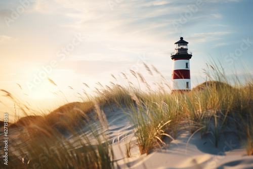 Red and white lighthouse on a sandy beach.
