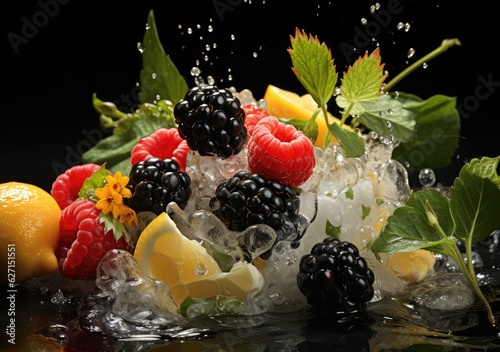 Fresh Mix fruits and salad with water splash float on dish with dark studio background. AI Generative