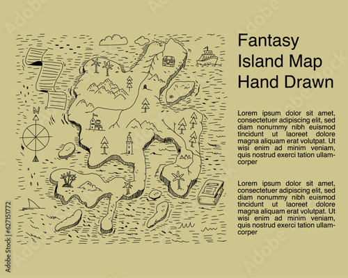 Fantasy island map hand drawn Illustration