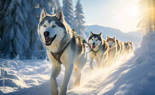 group of siberian husky in the snow, with trees in the daylight