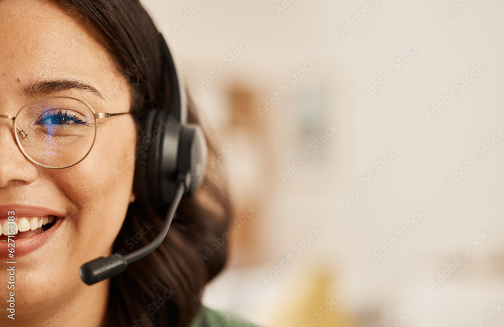 Customer support communication, home portrait and happy woman consulting on microphone, headset or telecom mockup. Freelance, remote work space and half face of closeup person on consultation service Customer support communication, home portrait and happy woman consulting on microphone, headset or telecom mockup. Freelance, remote work space and half face of closeup person on consultation service