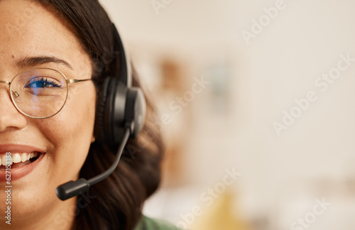 Customer support communication, home portrait and happy woman consulting on microphone, headset or telecom mockup. Freelance, remote work space and half face of closeup person on consultation service