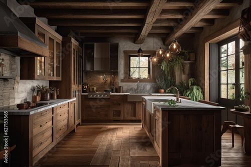 rustic kitchen room with wooden. Generative AI © Create image