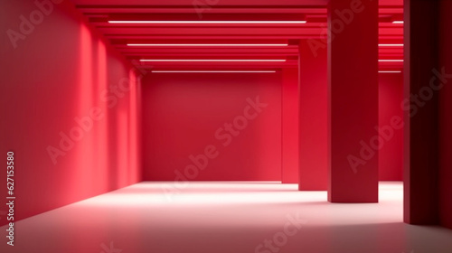 Interior modern empty room with red walls and floor. Minimalist design. Generative AI 