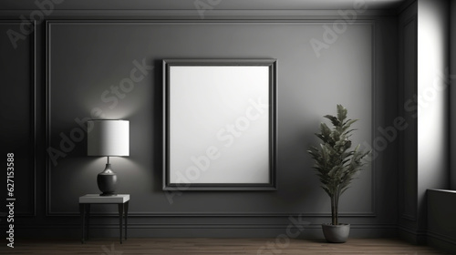 Blank picture frame mockup on gray wall. Copy space. Living room design. Home staging and minimalism concept. Generative AI  © Odin