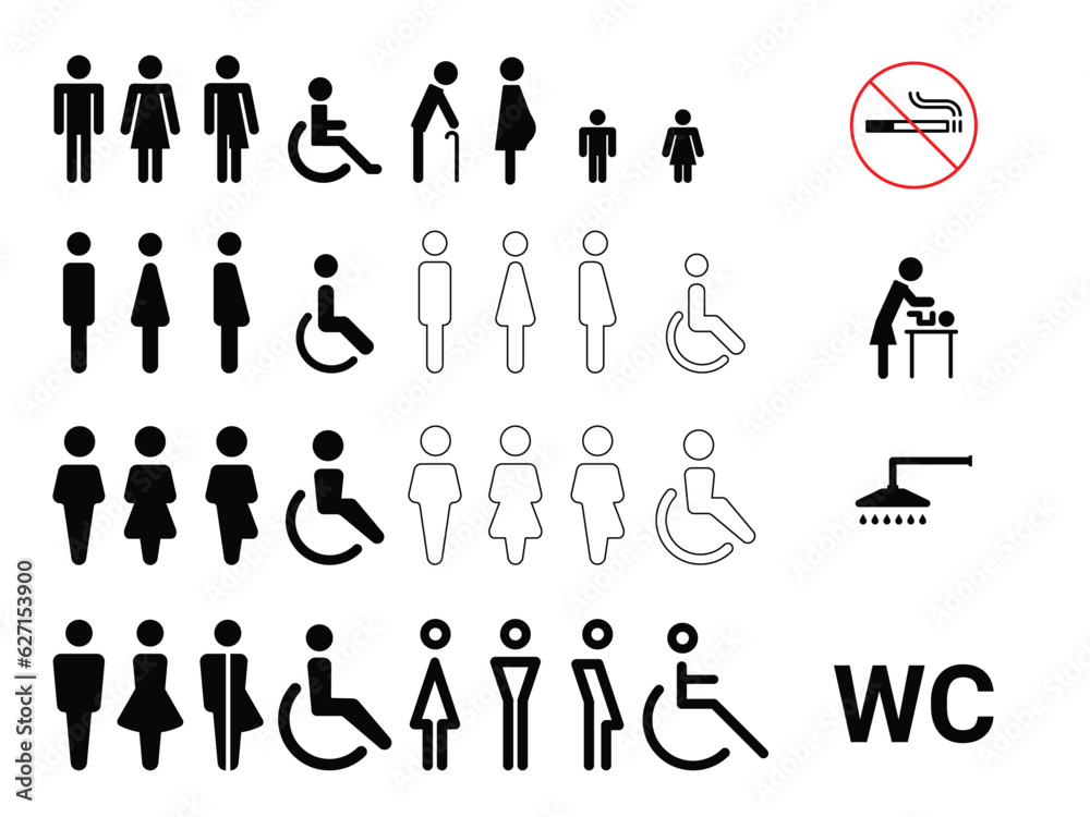 Toilet or WC icon set. Men, Women, Ladyboys, Old people, Pregnant and Handicapped. Line and solid symbols. New concept art and modern design. Toilet or WC icon set. Men, Women, Ladyboys, Old people, Pregnant and Handicapped. Line and solid symbols. New concept art and modern design.