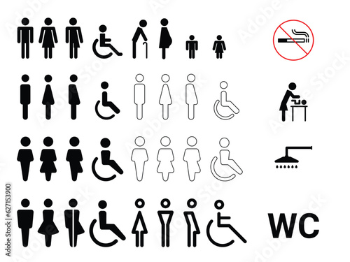 Toilet or WC icon set. Men, Women, Ladyboys, Old people, Pregnant and Handicapped. Line and solid symbols. New concept art and modern design.