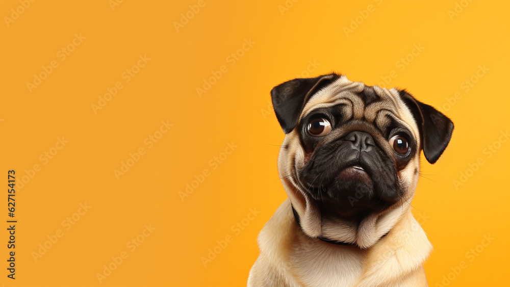 Close up shot of curious Pug sitting on the yellow backdrop background