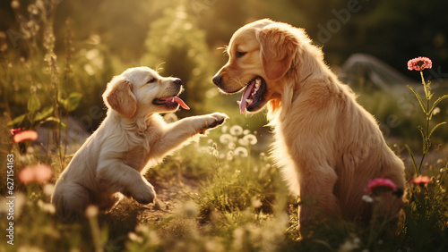 Adult Labrador Retriever playing with Labrador Retriever puppy on the lawn