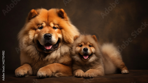 Smiling adult Chow Chow and Chow Chow puppy sitting together on brown backdrop background