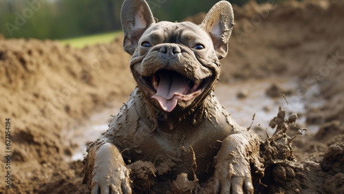 Happiness French Bulldog tumbling in the mud