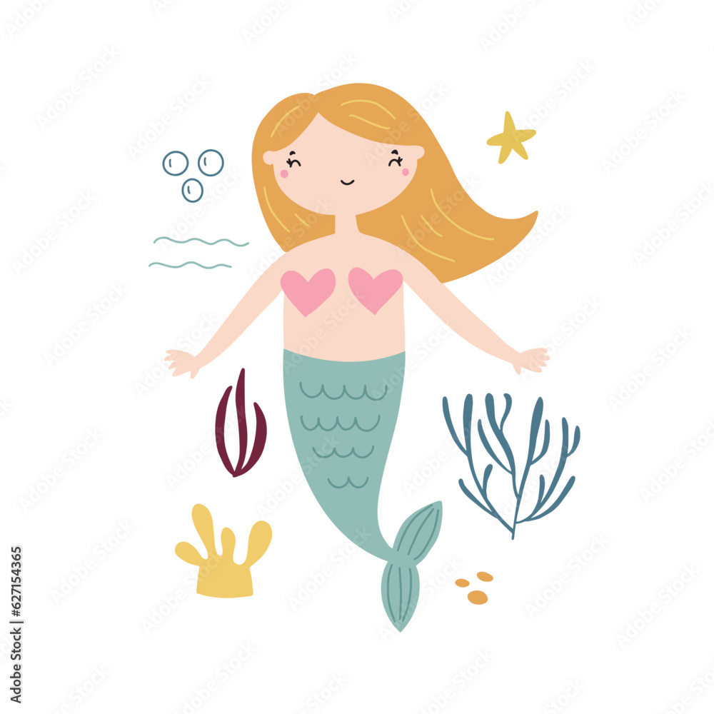 Vector illustration of a cute little mermaid surrounded by nautical elements for your design.