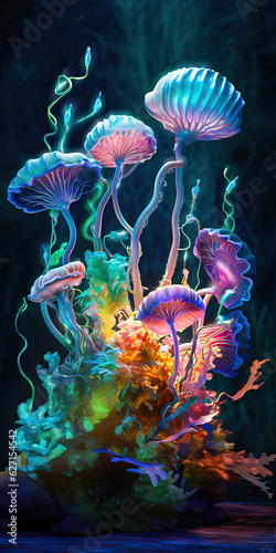 Light-emitting seaweed fungus,bioluminescent,Fantasy creatures, underwater creatures