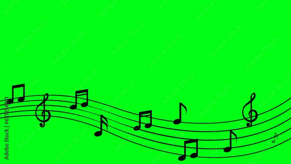 Musical note symbol animation with a curved path and blank space on a green screen