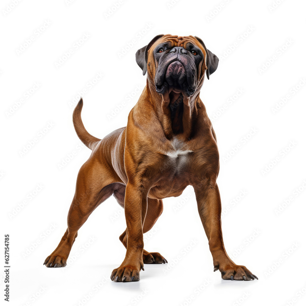 A Bullmastiff (Canis lupus familiaris) as a bodybuilder, flexing its tiny muscles.