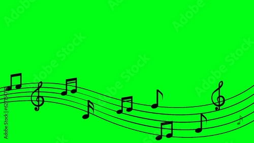 Musical note symbol animation with a curved path and blank space on a green screen