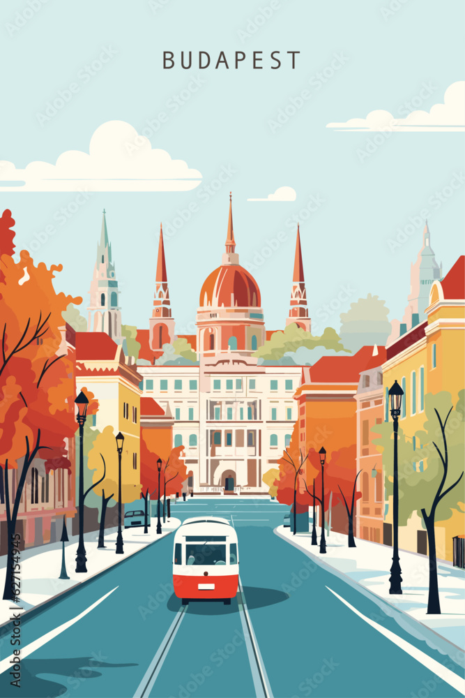 Obraz premium Hungary Budapest city street view retro poster with abstract shapes of landmarks, houses and old bus. Vintage Eastern Europe travel vector illustration