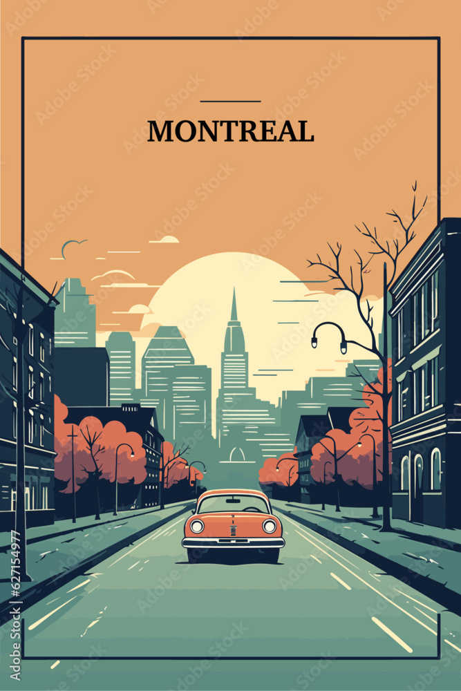 Canada Montreal retro city street scene poster with abstract shapes of ...