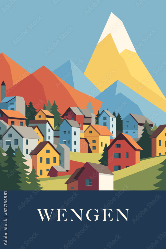 Switzerland Wengen village summer landscape with mountains postcard. Vector flat shape abstract Bernese Alpes region retro poster with houses and nature Switzerland Wengen village summer landscape with mountains postcard. Vector flat shape abstract Bernese Alpes region retro poster with houses and nature