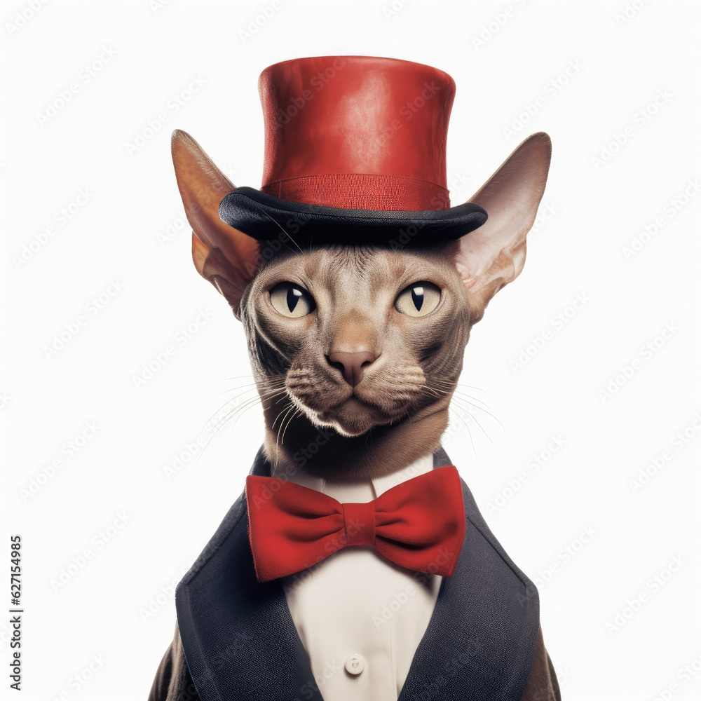 A Sphynx Cat (Felis catus) in a red velvet bow tie and top hat.
