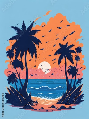 Illustration of a beautifully painted sunset with majestic palm trees created with Generative AI technology