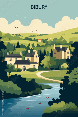 UK England Bibury village landscape with river, houses and castle postcard. Panorama vector flat shape abstract United Kingdom Gloucestershire region poster