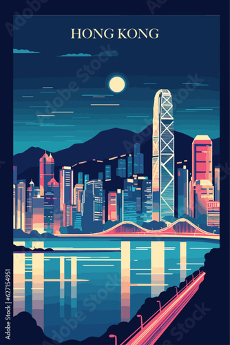 Hong Kong neon lights city night skyline poster with abstract shapes of landmarks and skyscrapers. Retro style travel vector illustration for China region. Painting style photo
