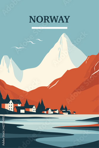 Norway village landscape with mountains and sea or river. Vector flat shape abstract nordic retro poster with houses and nature landmarks