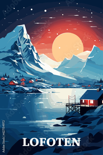 Norway Lofoten island village winter landscape with mountains and sea at night card. Vector flat shape abstract Nordland archipelago retro poster with red fishermen cabins