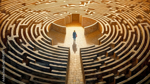 Visualize a scene that encapsulates the journey of spiritual liberation and self-discovery. The image is of a solitary figure standing at the entrance of a vast labyrinth, symbolizing the complex.