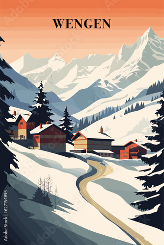 Switzerland Wengen village winter landscape with mountains card. Vector flat shape abstract Bernese Alpes region retro poster with houses and nature