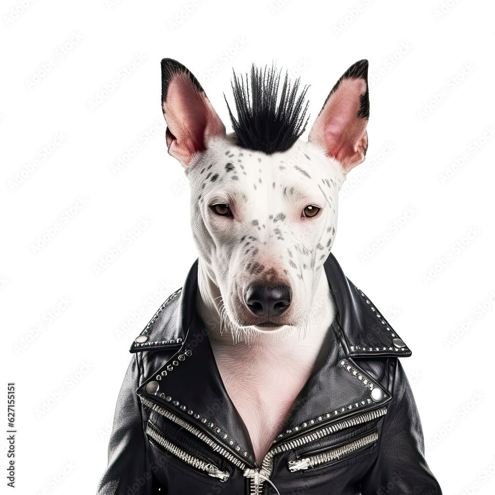 A Bull Terrier (Canis lupus familiaris) in a punk rock outfit with a mohawk wig.