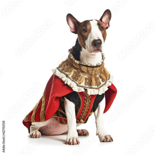 A Bull Terrier (Canis lupus familiaris) in a matador's outfit, cape at the ready. photo