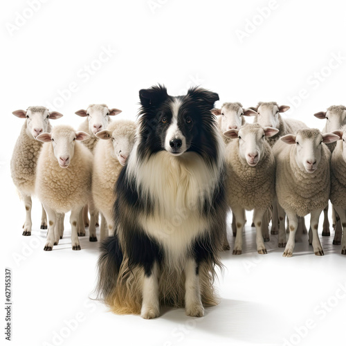 A Shetland Sheepdog (Canis lupus familiaris) in a shepherd's outfit, herding toy sheep.