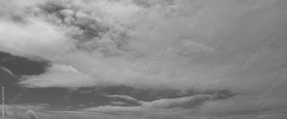 Panorama view of overcast sky, dramatic gray sky and white clouds before rain in rainy season, cloudy gray sky with thick dense clouds,  sky with storm clouds dark, The dark sky with heavy clouds.
