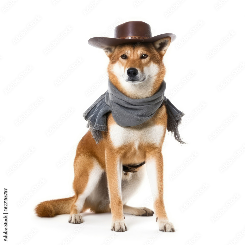 A Dingo (Canis lupus dingo) wearing a bushranger's outfit with a hat and pistol.