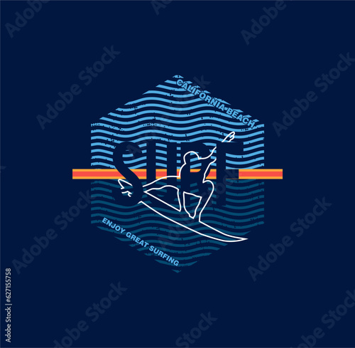 Vector illustration on the theme of surf rider and surfing in Hawaii. Grunge background. Typography, t-shirt graphics, print, poster, banner, flyer, postcard