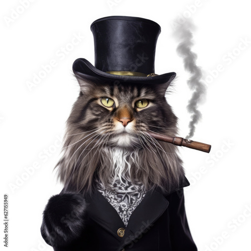 A Maine Coon Cat (Felis catus) in a Sherlock Holmes outfit with a pipe and hat.