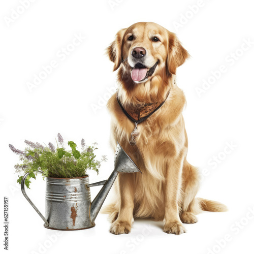 A Golden Retriever (Canis lupus familiaris) in a gardener's outfit with a tiny watering can.