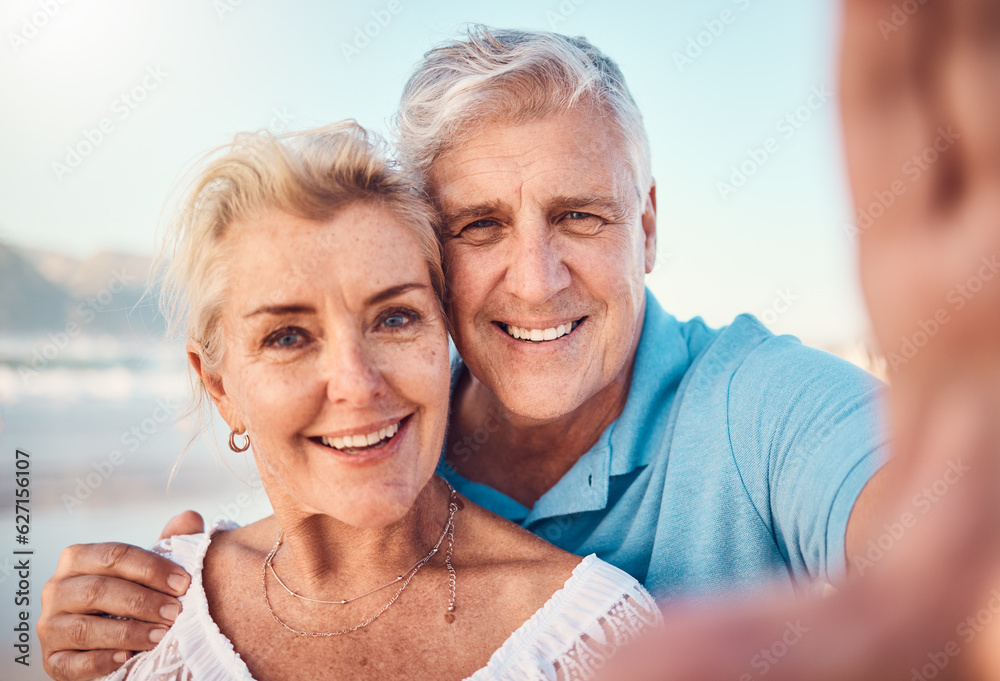 Selfie, smile and old couple on beach for holiday to celebrate love, marriage and memory on social media. Digital photography, senior man and happy woman relax on ocean retirement vacation together.