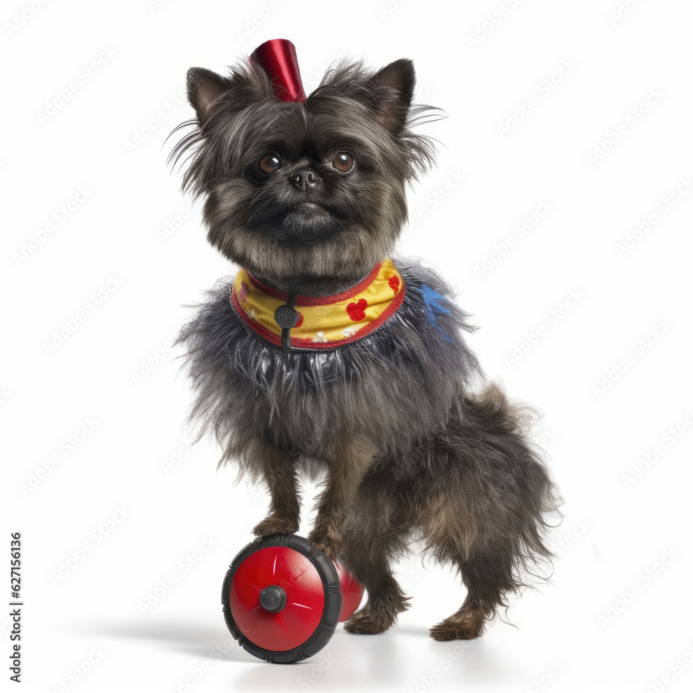 A Affenpinscher (Canis lupus familiaris) in a clown's outfit, riding a tiny unicycle.