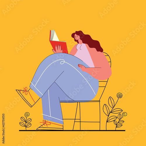Young girl reading a  book vector illustration. Flat, geometric, shape and line  with minimalist color design.