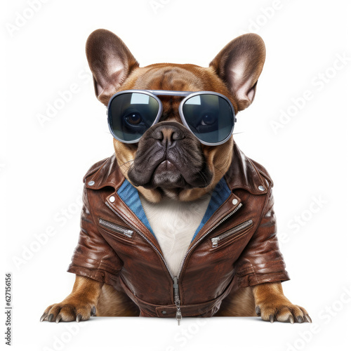 A French Bulldog (Canis lupus familiaris) wearing a leather jacket and aviator sunglasses. © blueringmedia