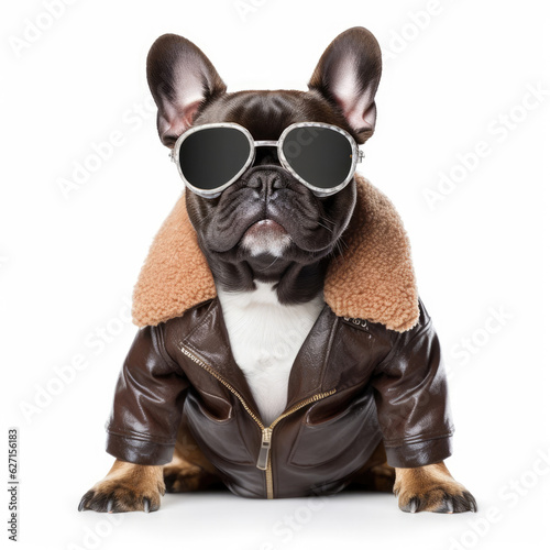 A French Bulldog (Canis lupus familiaris) wearing a leather jacket and aviator sunglasses. © blueringmedia