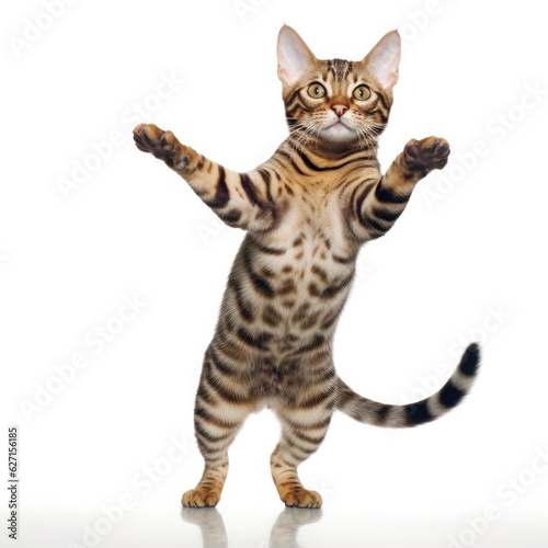 A Bengal Cat (Felis catus) as an acrobat, performing a handstand.